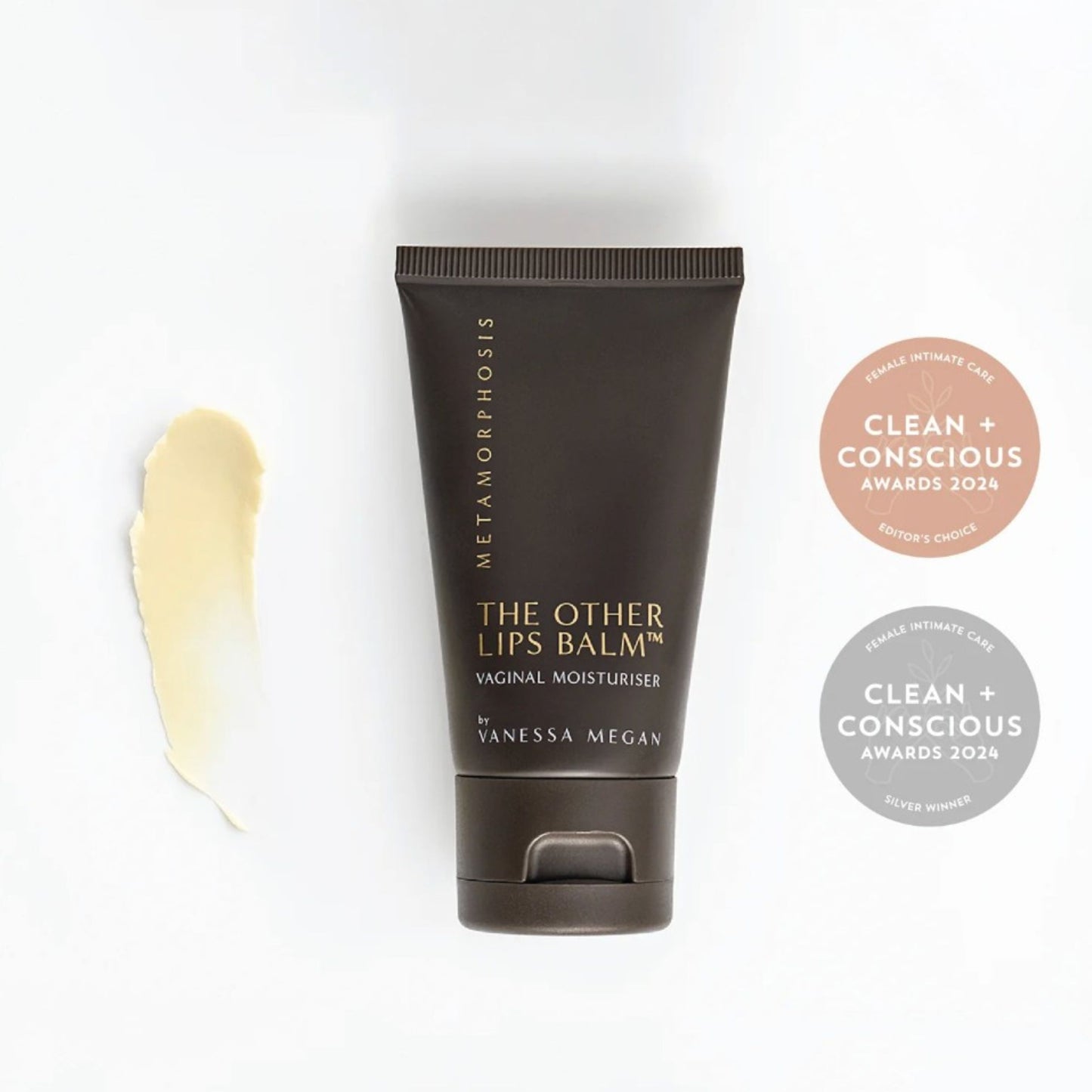 Metamorphosis The Other Lips Balm Vaginal Moisturiser by Vanessa Megan, shown with a product swatch and two Clean + Conscious Awards 2024 badges (Editor’s Choice and Silver Winner), highlighting its recognition in female intimate care.