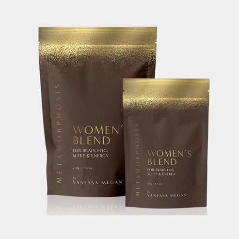 Vanessa Megan Metamorphosis Women’s Blend – natural superfood supplement for brain fog, sleep and energy, formulated for peri to post-menopause support.