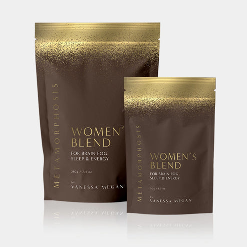 Metamorphosis by Vanessa Megan women's blend 30 day and 7 day serve pouches. A 100% natural peri- post menopause supplement powder for brain fog, energy and sleep. 