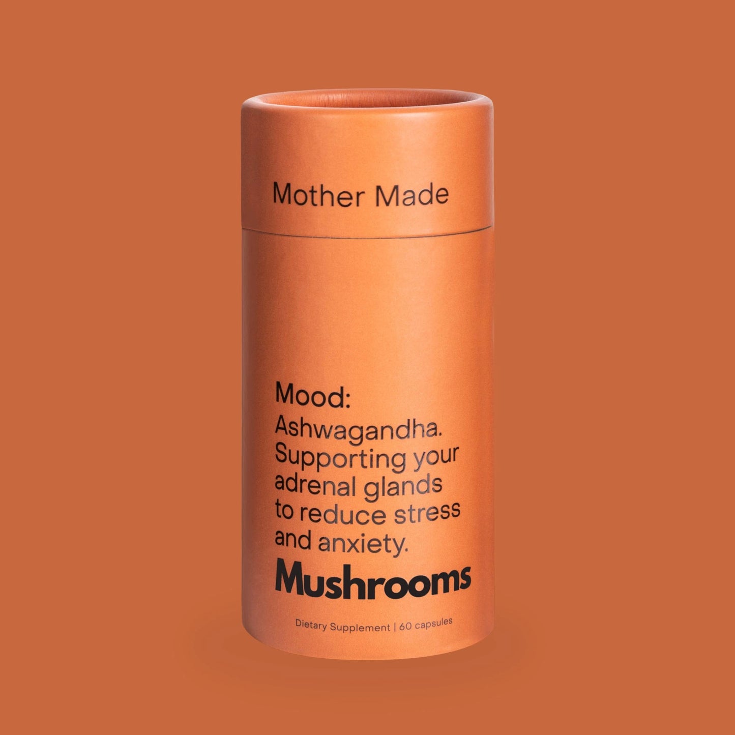 Mother Made Mood Ashwagandha Capsules in bold orange packaging for natural stress relief