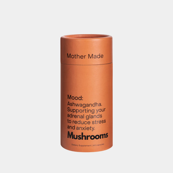 Mother Made Mood supplement with Ashwagandha for adrenal support, stress and anxiety relief – 60 capsules in BPA-free recyclable packaging, available at Intentionally Natural NZ