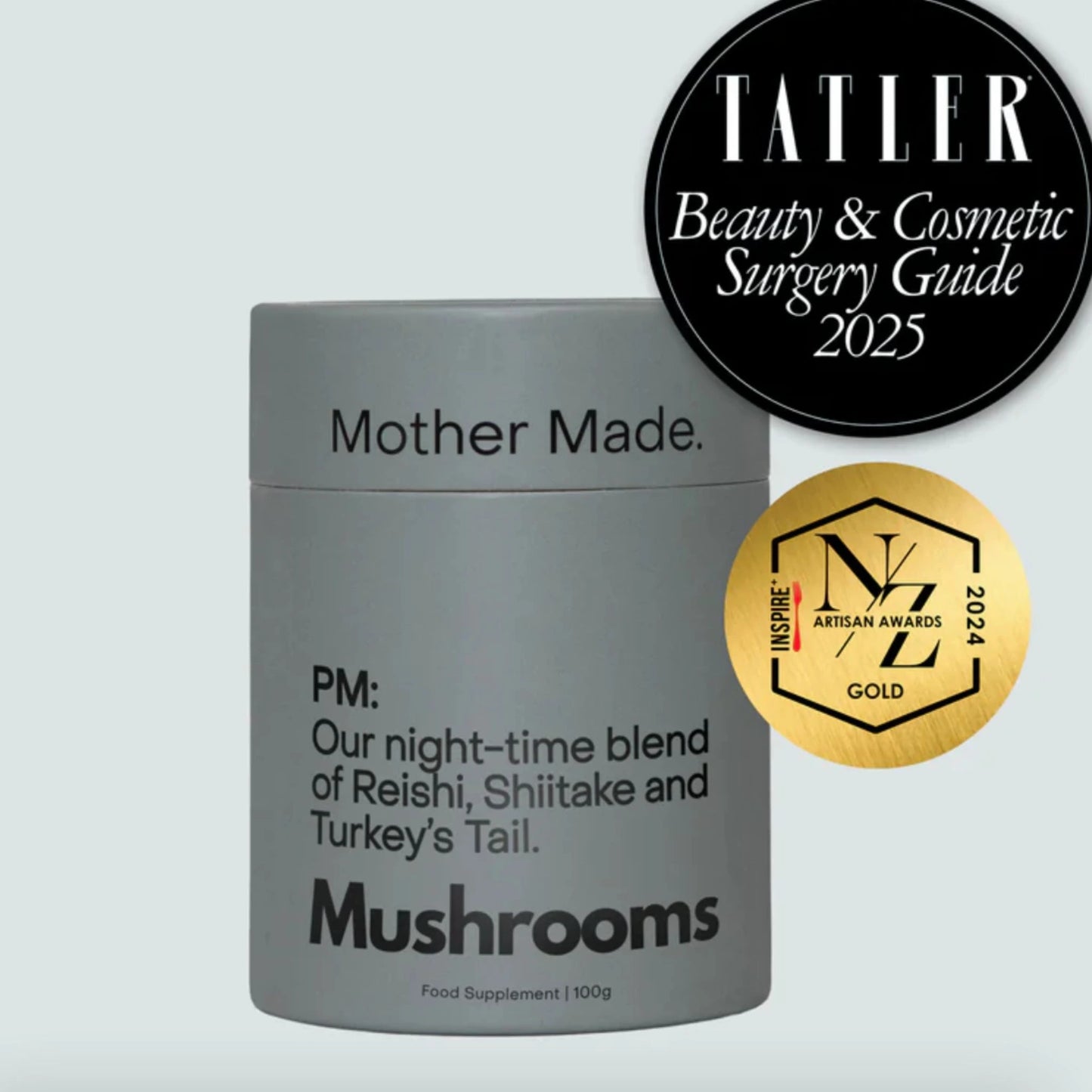 Mother Made PM functional mushroom supplement featuring a night-time blend of Reishi, Shiitake, and Turkey’s Tail mushrooms, awarded in the 2025 Tatler Beauty & Cosmetic Surgery Guide and 2024 NZ Inspire Artisan Awards.