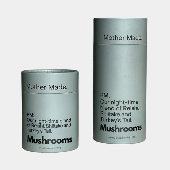 Side-by-side view of Mother Made PM dual-extracted functional mushroom powder blend in 100g and 220g sizes, featuring Reishi, Shiitake, and Turkey’s Tail mushrooms to naturally support relaxation, sleep, and nighttime wellness.