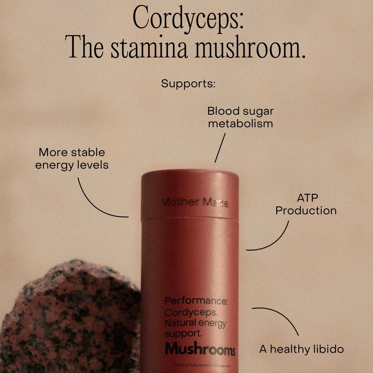 Mother Made Cordyceps capsules with benefit callouts including ATP production, stable energy, and libido support