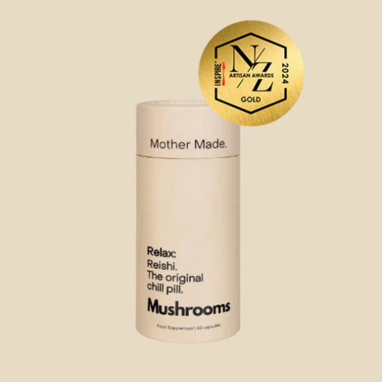 Mother Made Relax Reishi Capsules with NZ Artisan Awards Gold Winner badge for natural stress support