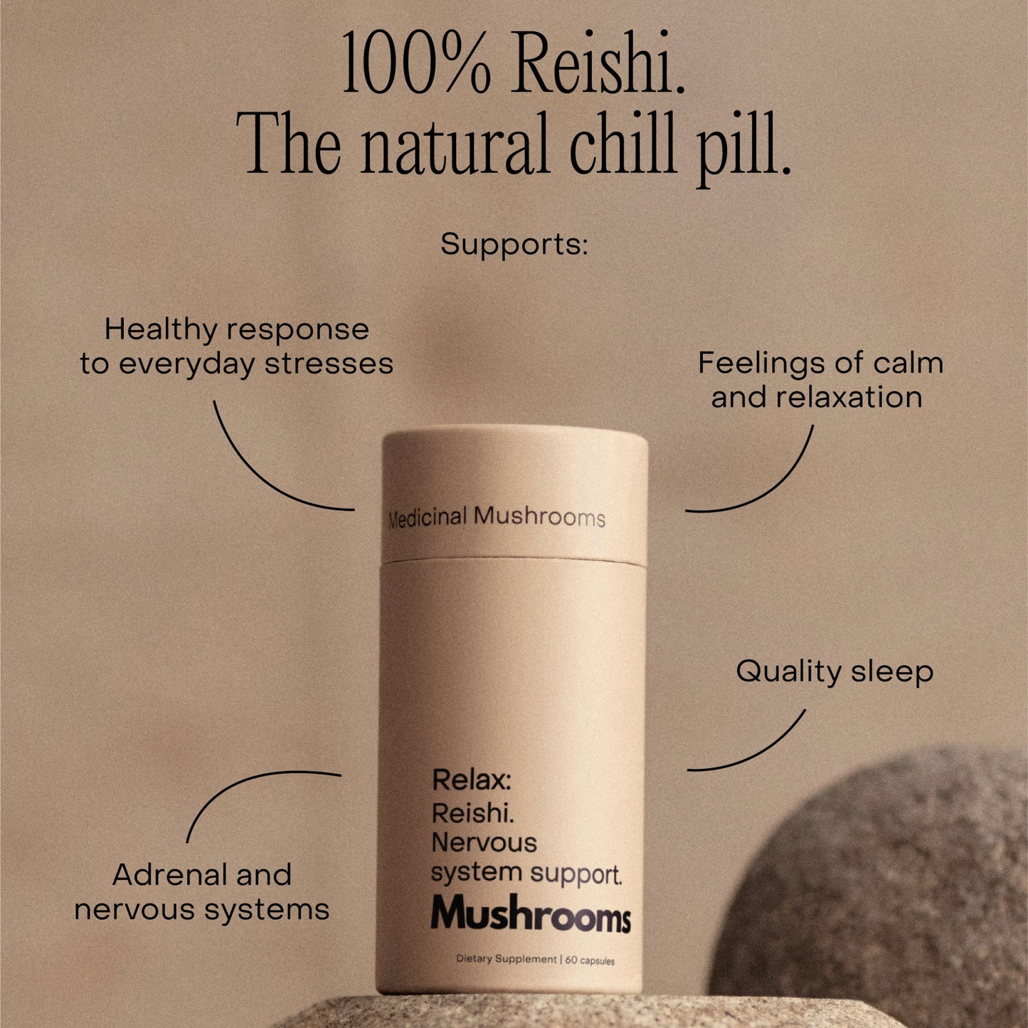 Mother Made Reishi mushroom supplement standing on stone with benefit callouts like stress relief, quality sleep and calm – available at Intentionally Natural NZ