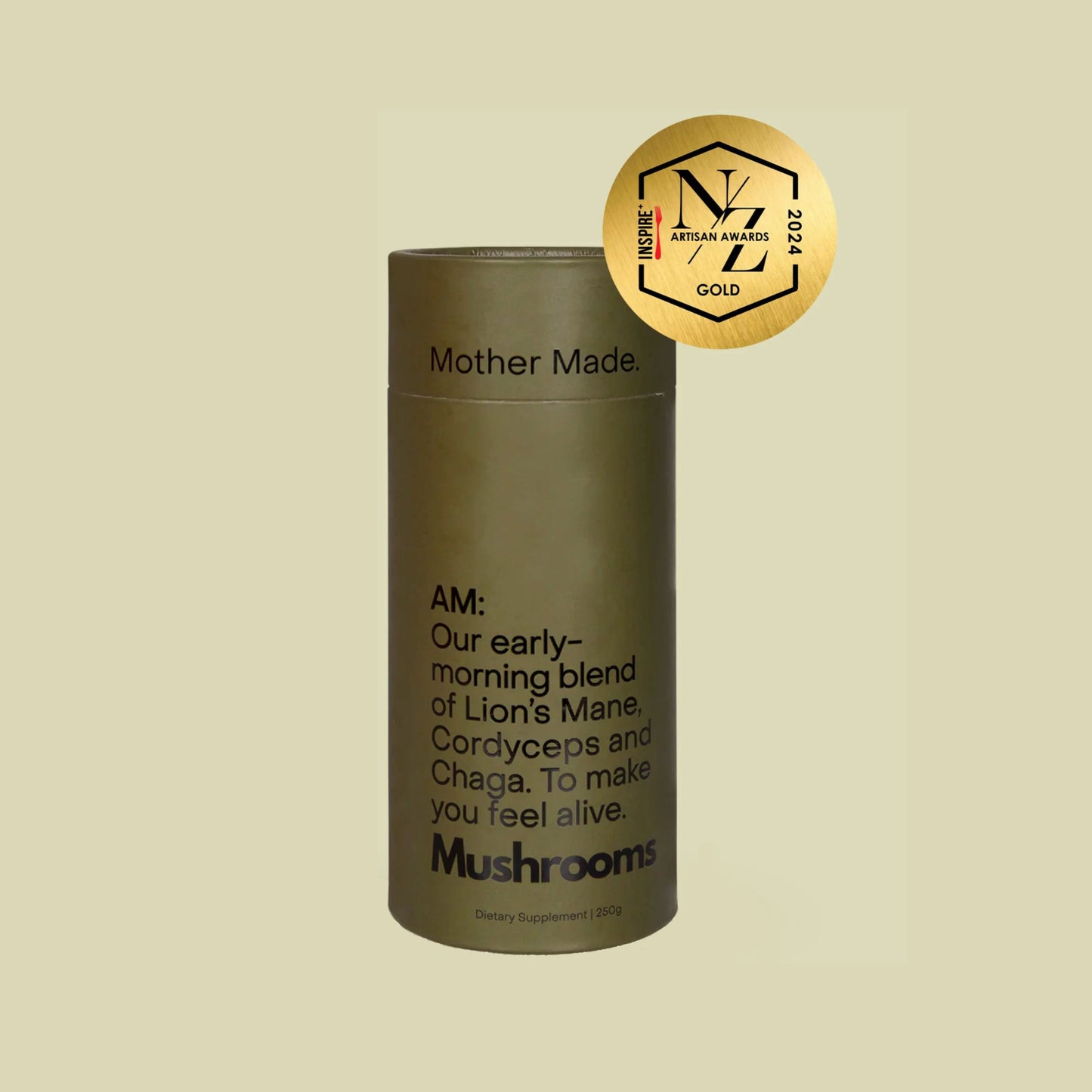 Award-winning Mother Made AM mushroom supplement with Lion’s Mane, Cordyceps and Chaga – 250g morning blend in BPA-free packaging, available at Intentionally Natural NZ