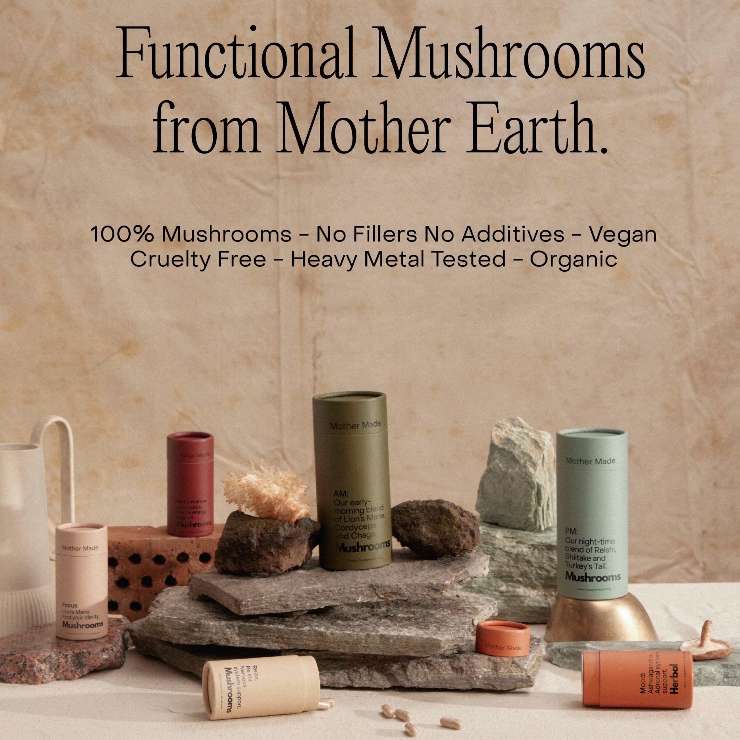 Functional mushroom supplements by Mother Made, including Reishi, Lion’s Mane and Chaga, displayed naturally on stone with product benefits listed – available at Intentionally Natural NZ