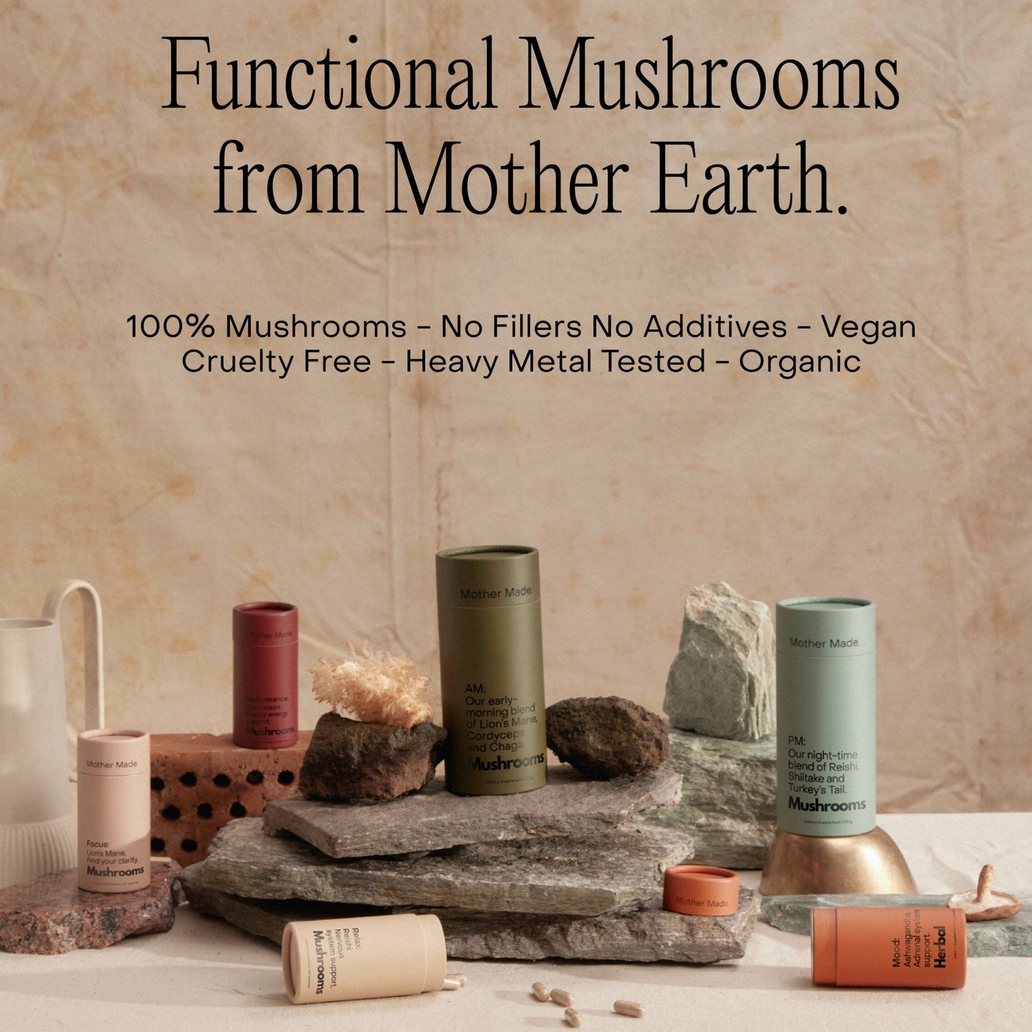 Functional mushroom supplements by Mother Made, including Reishi, Lion’s Mane and Chaga, displayed naturally on stone with product benefits listed – available at Intentionally Natural NZ