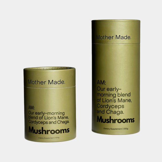 Mother Made AM mushroom supplement in 100g and 220g sizes – early-morning blend with Lion’s Mane, Cordyceps and Chaga for focus and energy at Intentionally Natural NZ.