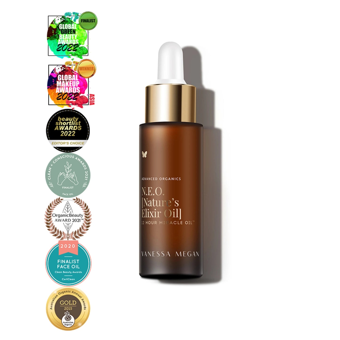Vanessa Megan N.E.O Nature’s Elixir Oil 12 Hour Miracle Oil in amber glass dropper bottle with gold cap, displayed with multiple beauty award badges on a clean white background.