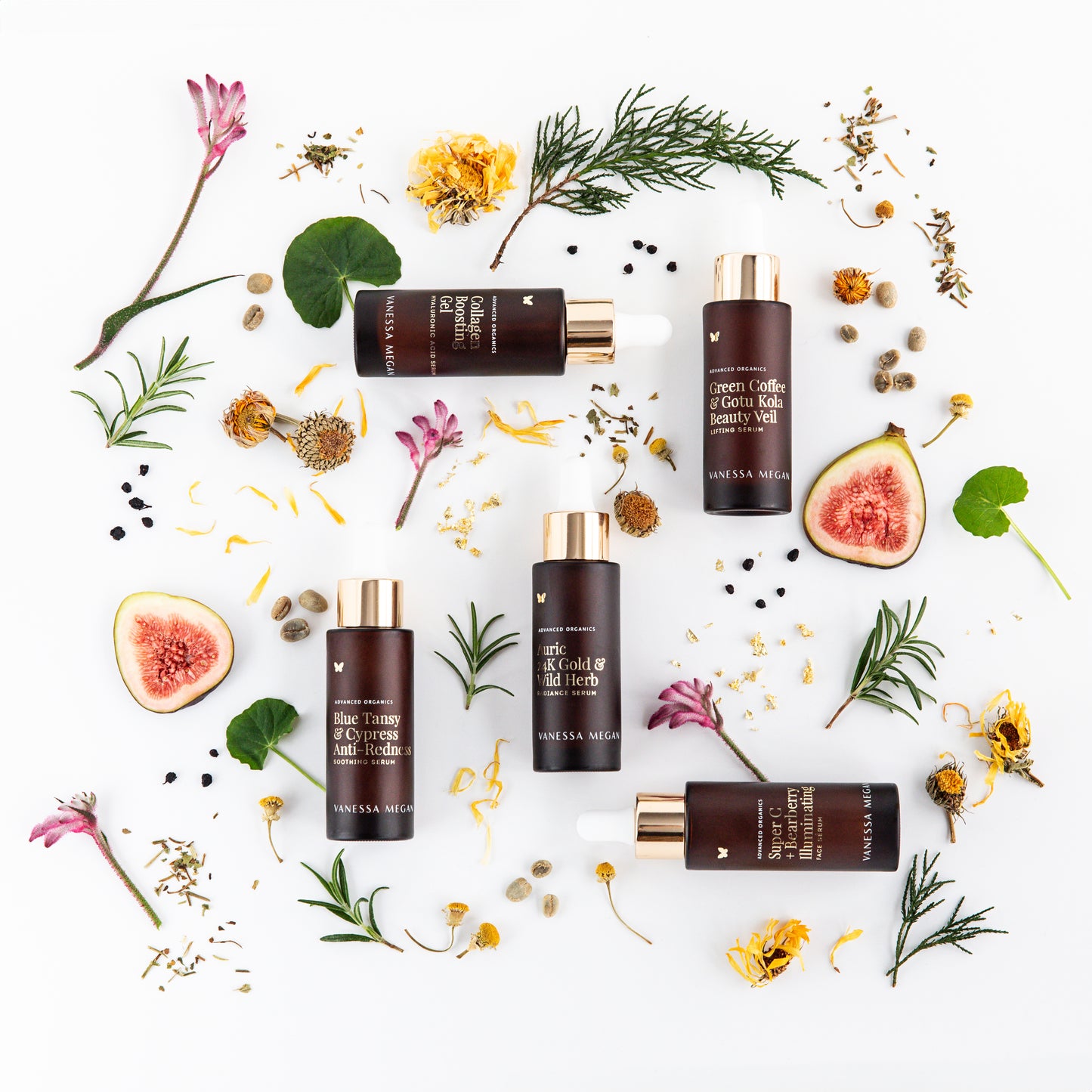 Vanessa Megan serum collection featuring Collagen Boosting Gel Serum with HA, Green Coffee & Gotu Kola Beauty Veil, Super C + Bearberry Serum, Auric 24K Gold + Wild Herb and Blue Tansy & Cypress Anti Redness Soothing Serum.