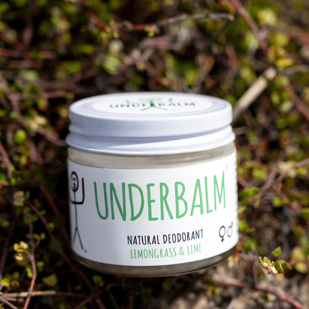 No3 Underbalm Lemongrass and Lime natural deodorant jar photographed outdoors on native greenery