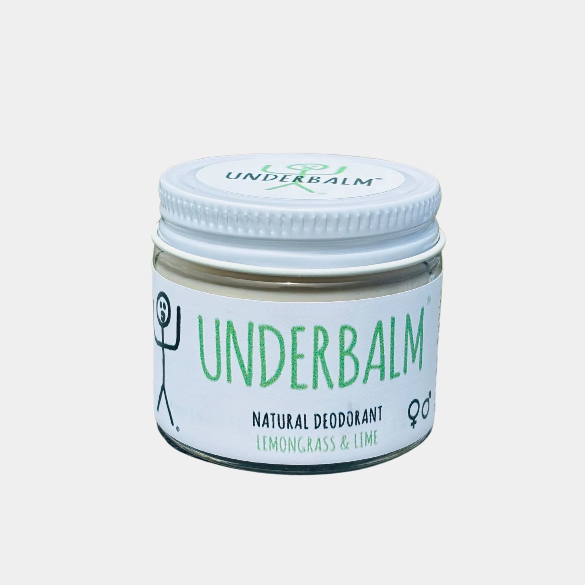 No3 Underbalm Lemongrass & Lime aluminium free natural deodorant in a glass jar with white lid