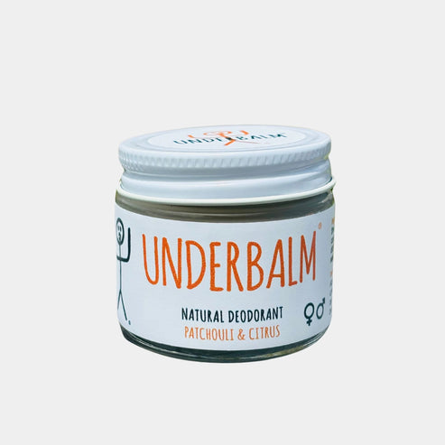 No3 Underbalm Patchouli & Citrus natural aluminium-free deodorant in a glass jar with white lid.