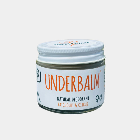 No3 Underbalm Patchouli & Citrus natural aluminium-free deodorant in a glass jar with white lid.