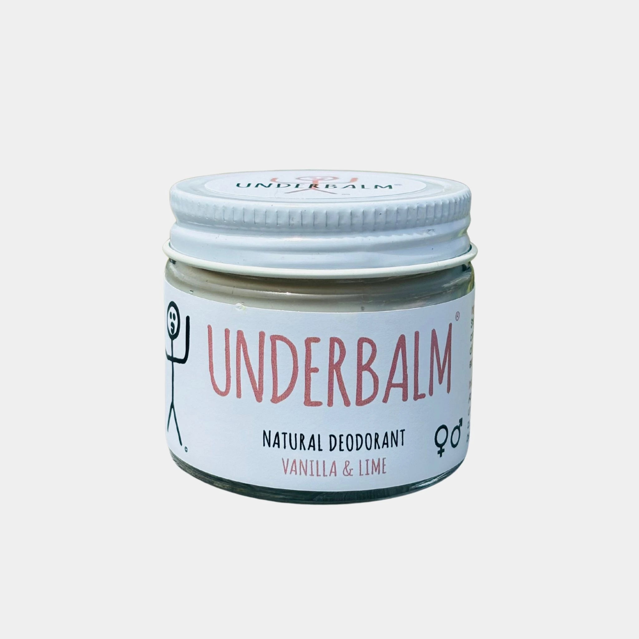 No3 Underbalm Vanilla & Lime natural aluminium-free deodorant in a glass jar with white lid