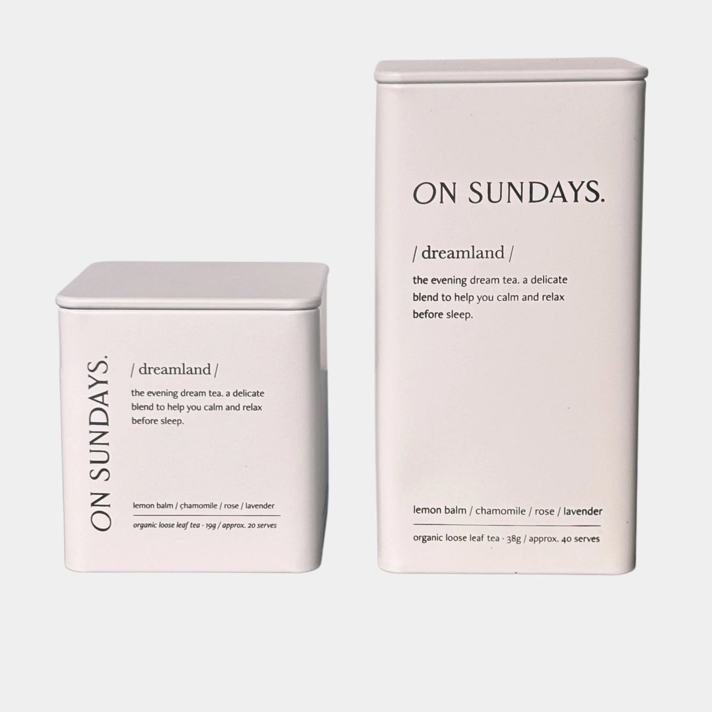 On Sundays Dreamland organic loose leaf tea with lemon balm chamomile rose and lavender in 19g and 38g tins