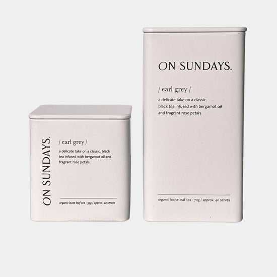 On Sundays Earl Grey organic loose leaf tea in 35g and 70g tins with bergamot and rose petals.