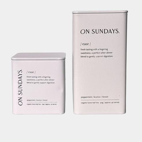On Sundays Ease organic loose leaf tea with peppermint licorice and fennel in 20g and 40g tins for digestion support.