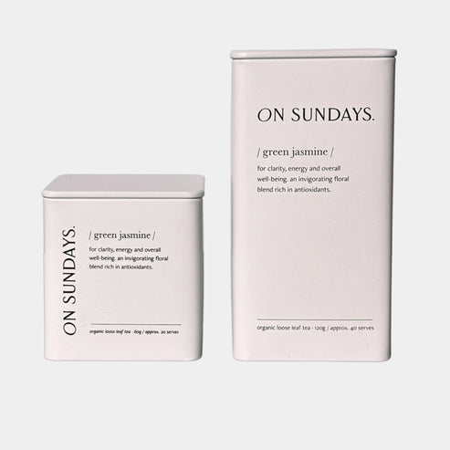 On Sundays Green Jasmine organic loose leaf tea in 60g and 120g tins for clarity and antioxidant-rich energy