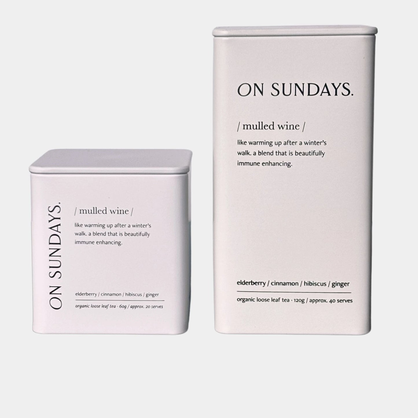 On Sundays Mulled Wine organic loose leaf tea with elderberry cinnamon hibiscus and ginger in 60g and 120g tins.