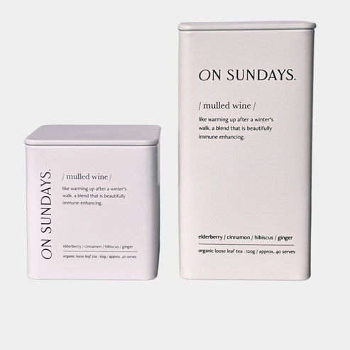 On Sundays Mulled Wine organic loose leaf tea with elderberry cinnamon hibiscus and ginger in 60g and 120g tins.