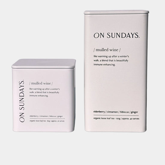 On Sundays Mulled Wine organic loose leaf tea with elderberry cinnamon hibiscus and ginger in 60g and 120g tins.