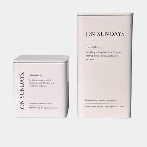 On Sundays Unwind organic loose leaf tea with chamomile calendula and lavender in 35g and 70g calming blends.