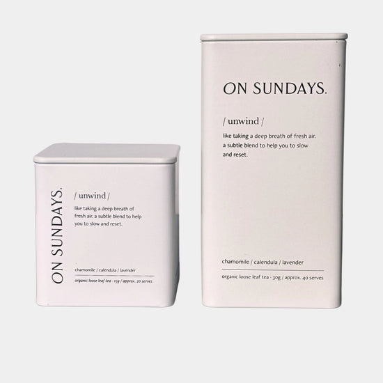 On Sundays Unwind organic loose leaf tea with chamomile calendula and lavender in 35g and 70g calming blends.