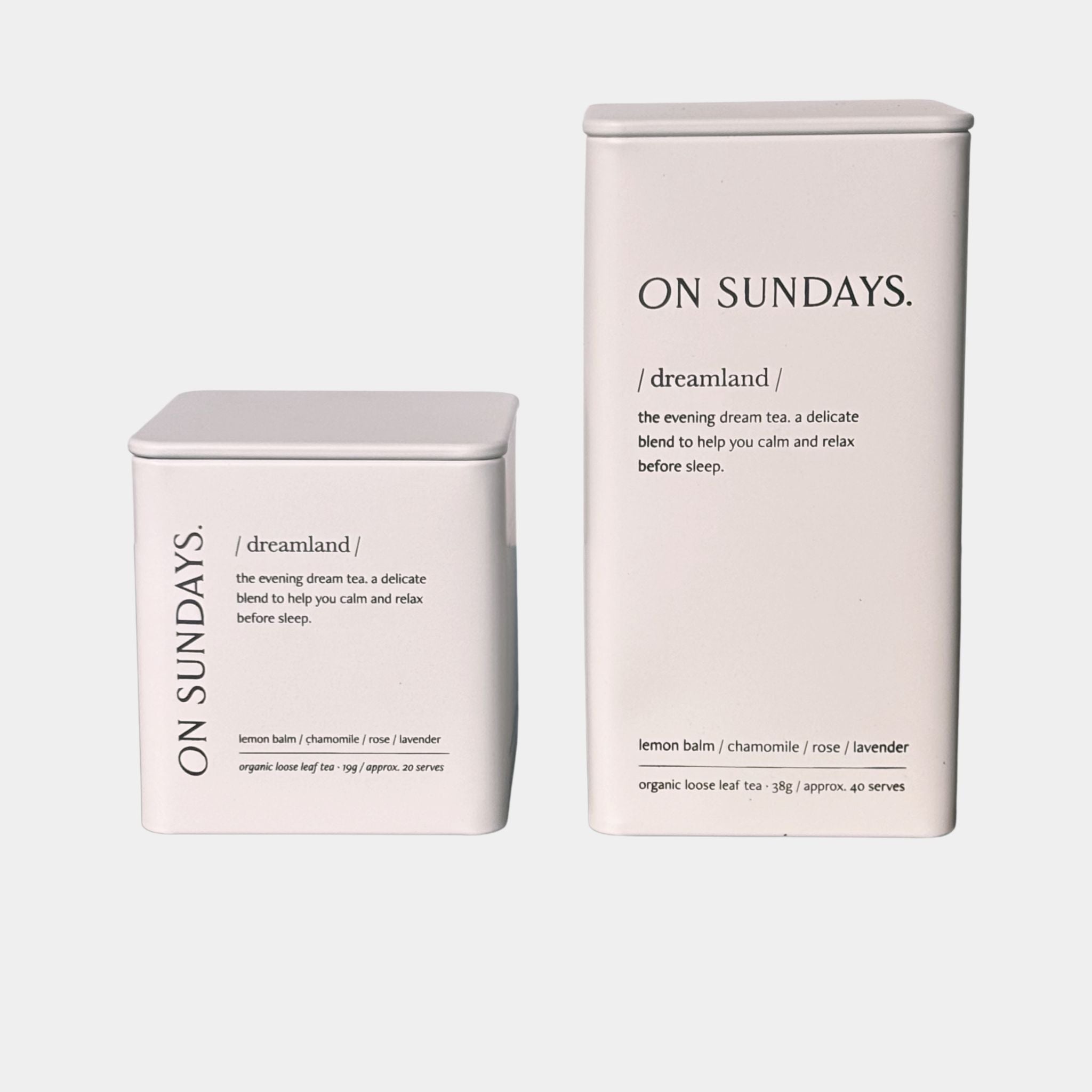 On Sundays Dreamland organic loose leaf herbal tea blend for sleep and relaxation in 19g and 38g tins.