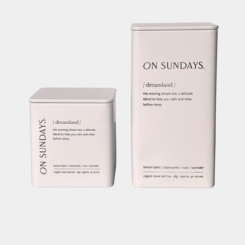 On Sundays Dreamland organic loose leaf herbal tea blend for sleep and relaxation in 19g and 38g tins.