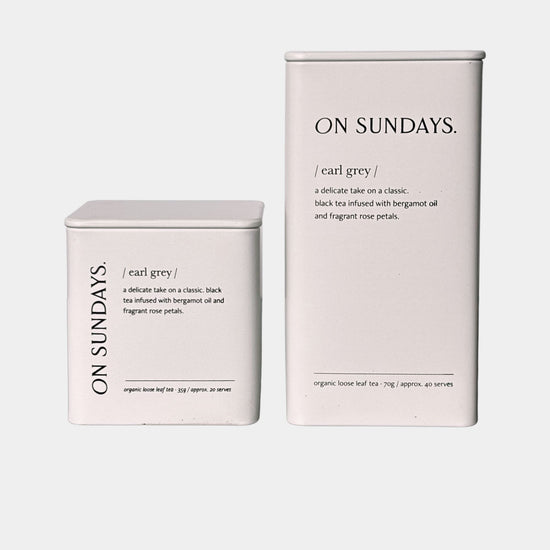 On Sundays Tea Earl Grey organic loose leaf tea in 35g and 70g tins with bergamot and rose petals.