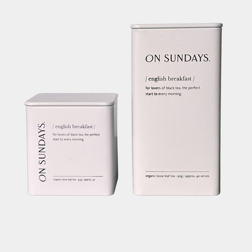 On Sundays English Breakfast organic loose leaf black tea available in 20 serve and 40 serve tins