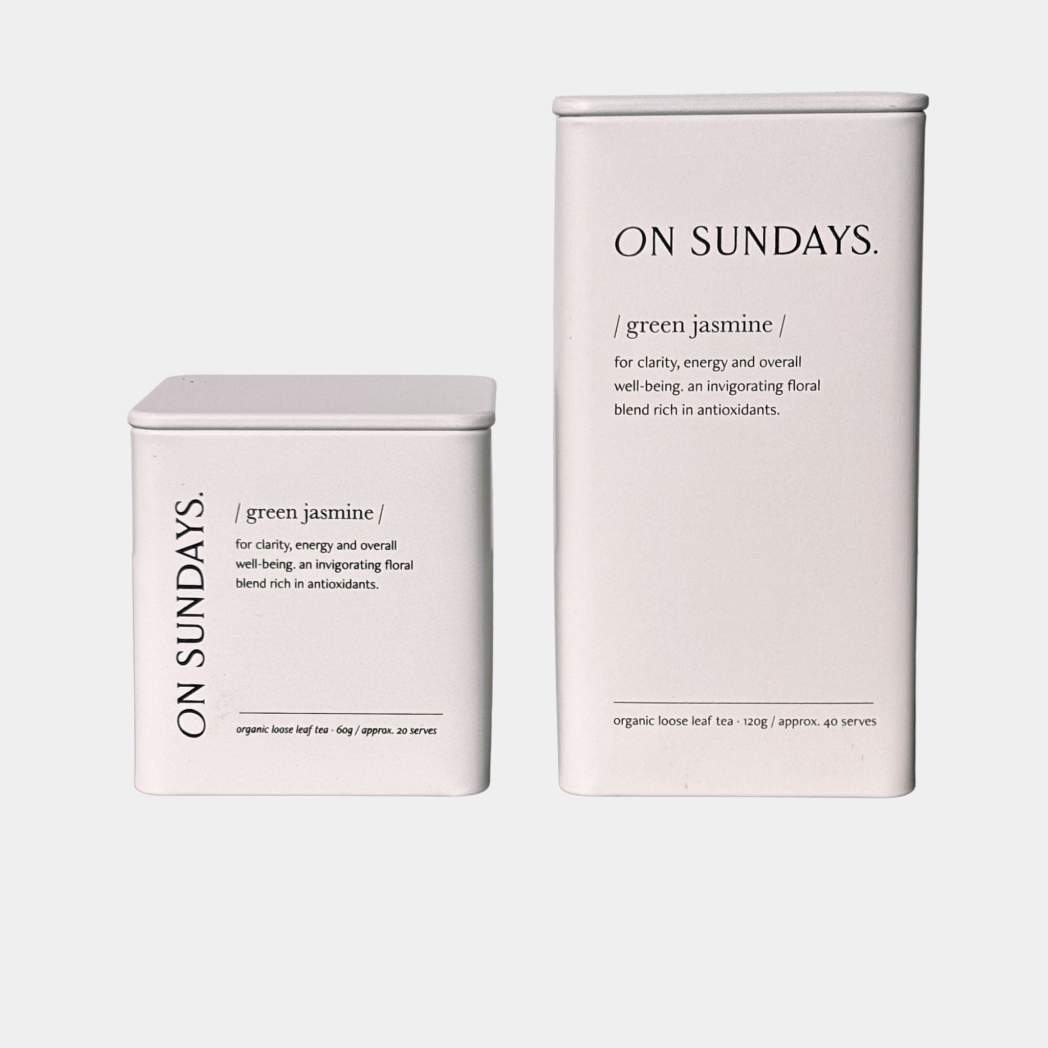 On Sundays Green Jasmine organic loose leaf green tea infused with jasmine flowers for clarity and energy in 60g and 120g tins