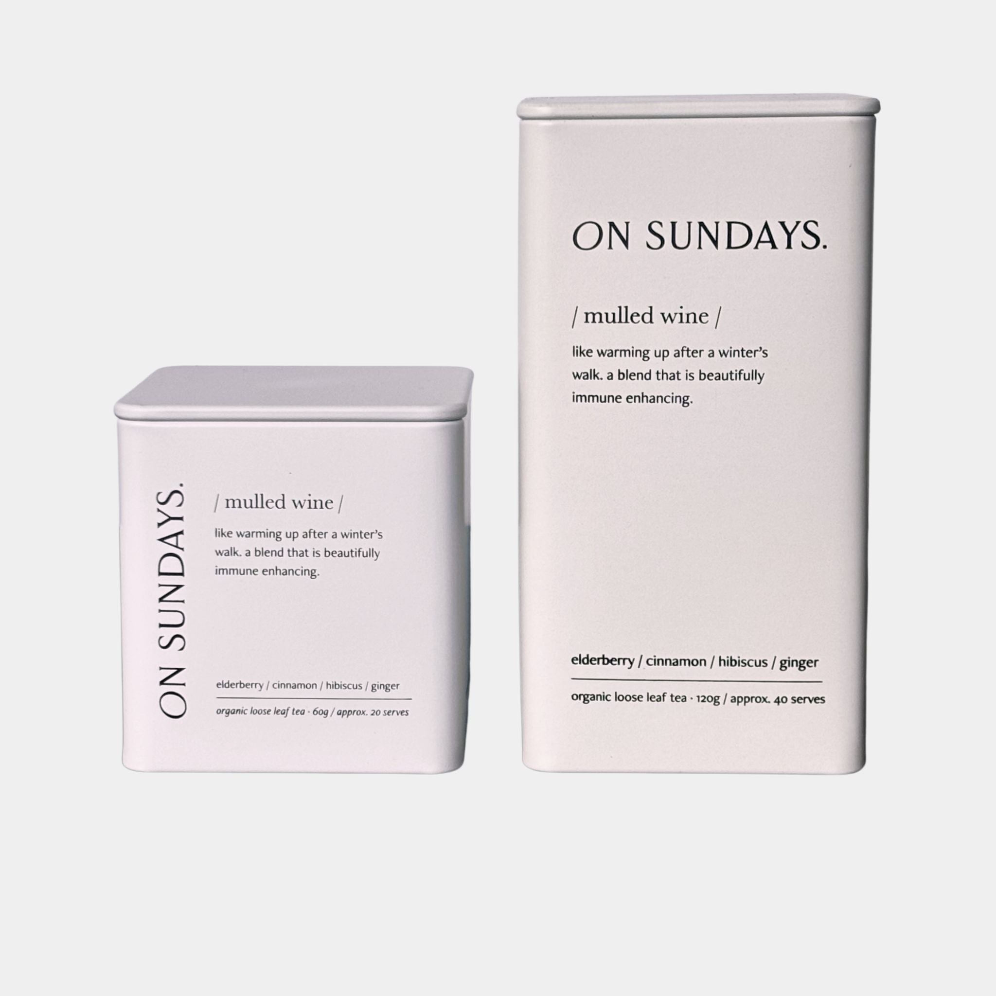 On Sundays Mulled Wine organic loose leaf herbal tea blend in white tin packaging 60g and 120g