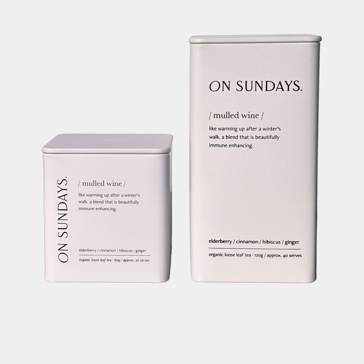 On Sundays Mulled Wine organic loose leaf herbal tea blend in white tin packaging 60g and 120g