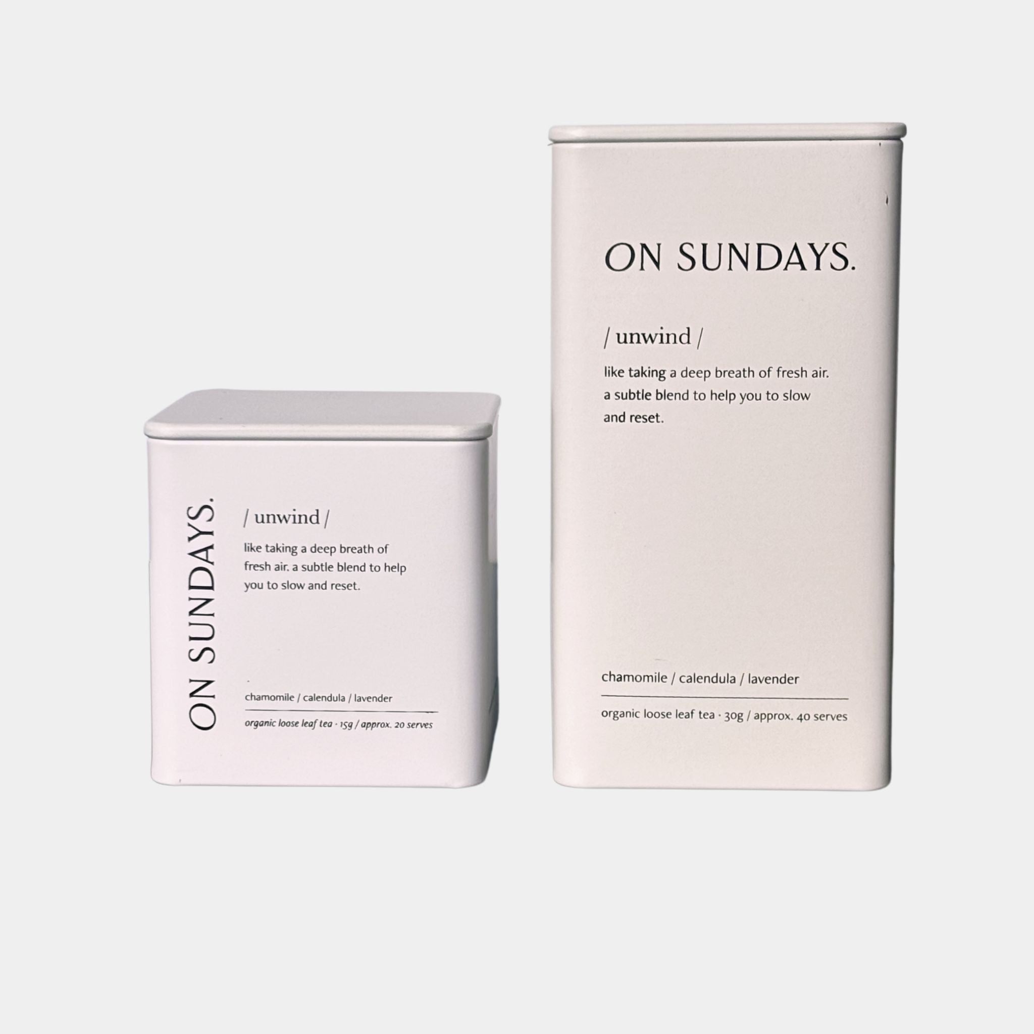 On Sundays Unwind herbal tea blend organic loose leaf chamomile calendula and lavender in 15g and 30g tins