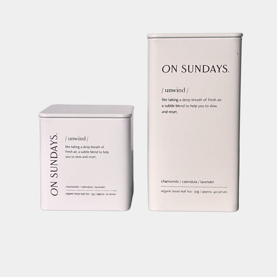 On Sundays Unwind herbal tea blend organic loose leaf chamomile calendula and lavender in 15g and 30g tins