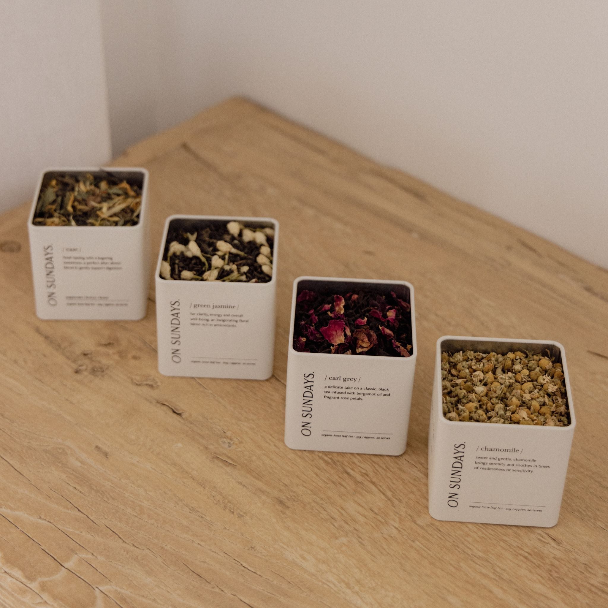 On Sundays organic loose leaf tea collection in 20 serve tins including Ease, Green Jasmine, Earl Grey and Chamomile blends.