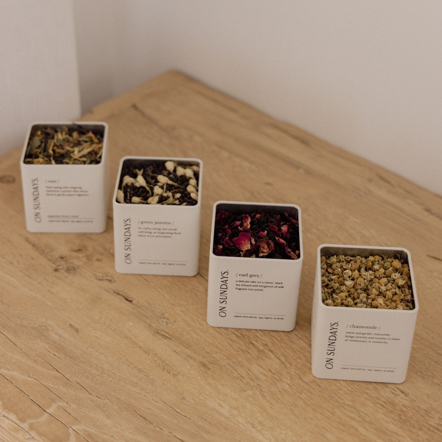 On Sundays organic loose leaf tea collection in 20 serve tins including Ease, Green Jasmine, Earl Grey and Chamomile blends.
