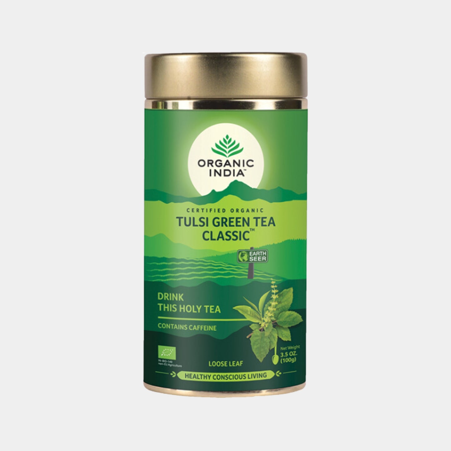 Organic India Tulsi Green Loose Leaf tea tin