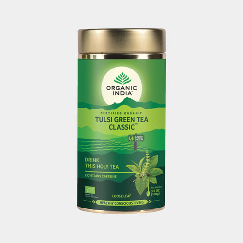 Organic India Tulsi Green Loose Leaf tea tin
