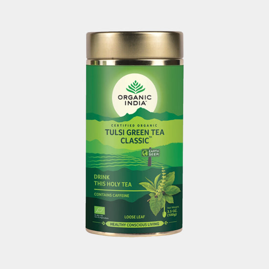 Organic India Tulsi Green Loose Leaf tea tin