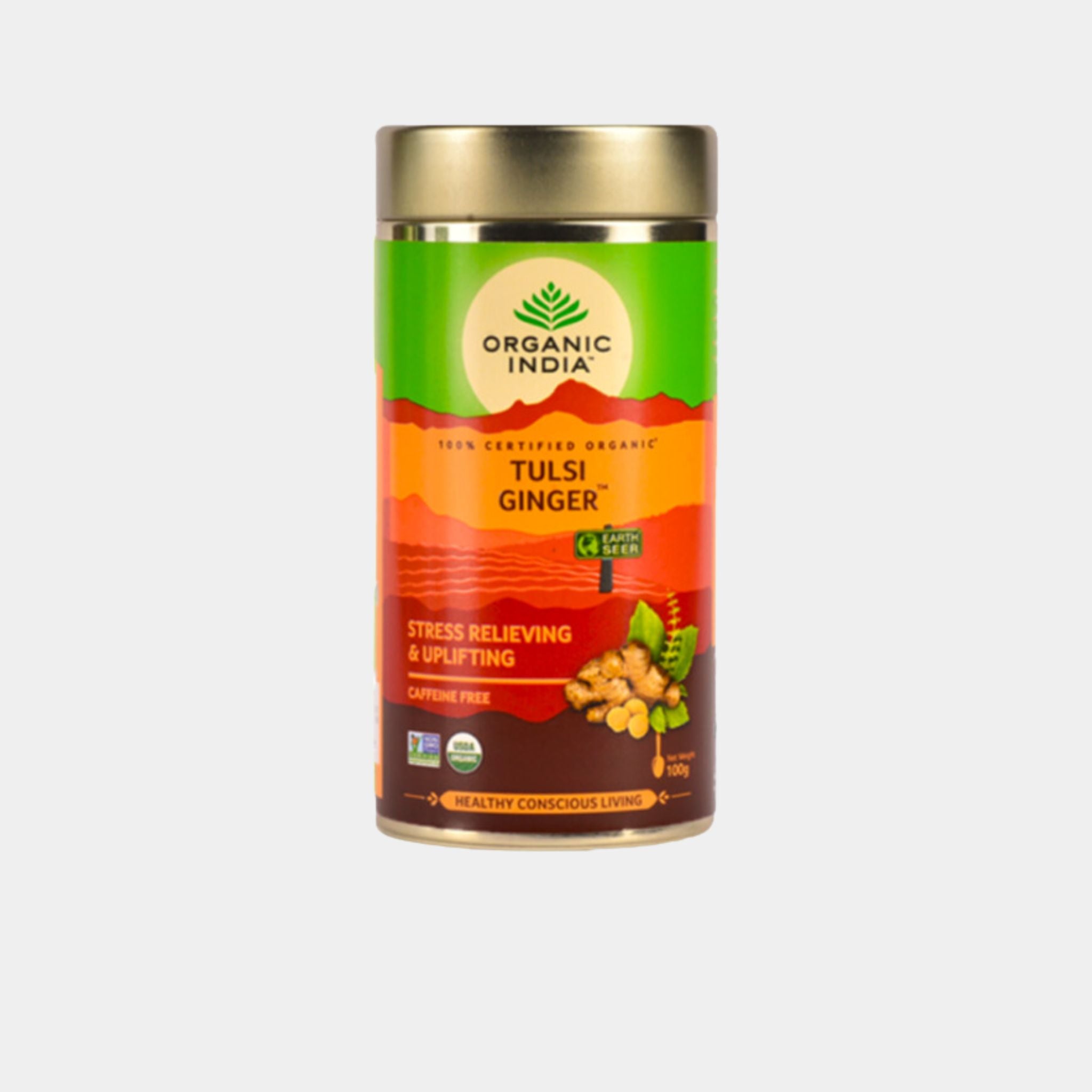 Organic India Tulsi Ginger loose leaf tea in metal tin certified organic tulsi and ginger herbal tea caffeine free.