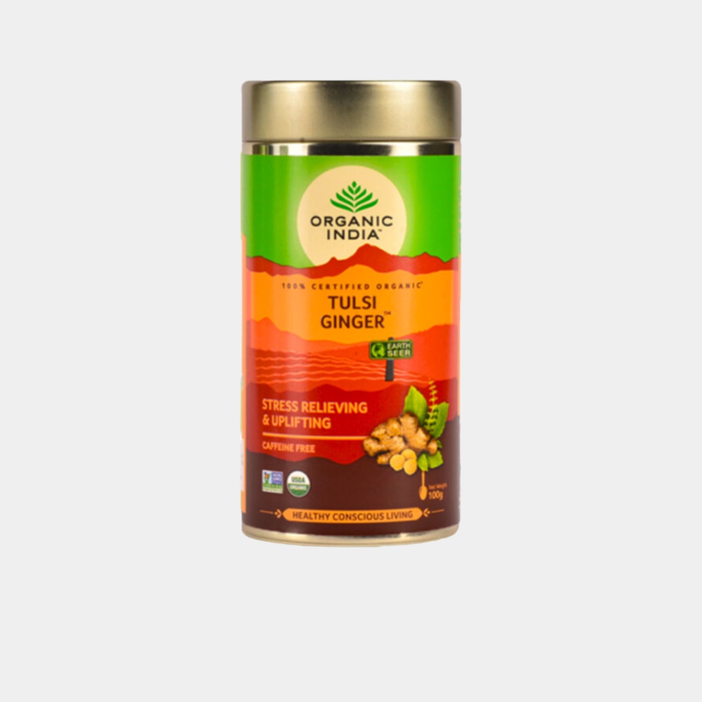 Organic India Tulsi Ginger loose leaf tea in metal tin certified organic tulsi and ginger herbal tea caffeine free.