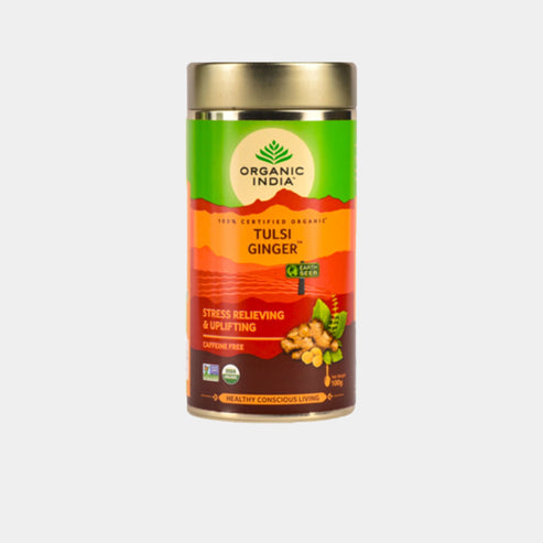 Organic India Tulsi Ginger loose leaf tea in metal tin certified organic tulsi and ginger herbal tea caffeine free.