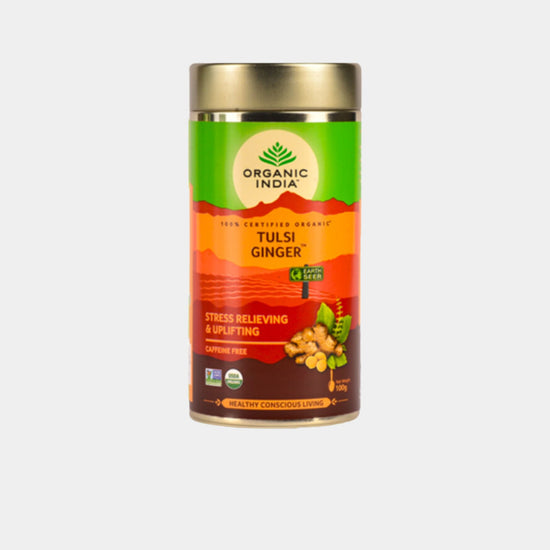 Organic India Tulsi Ginger loose leaf tea in metal tin certified organic tulsi and ginger herbal tea caffeine free.