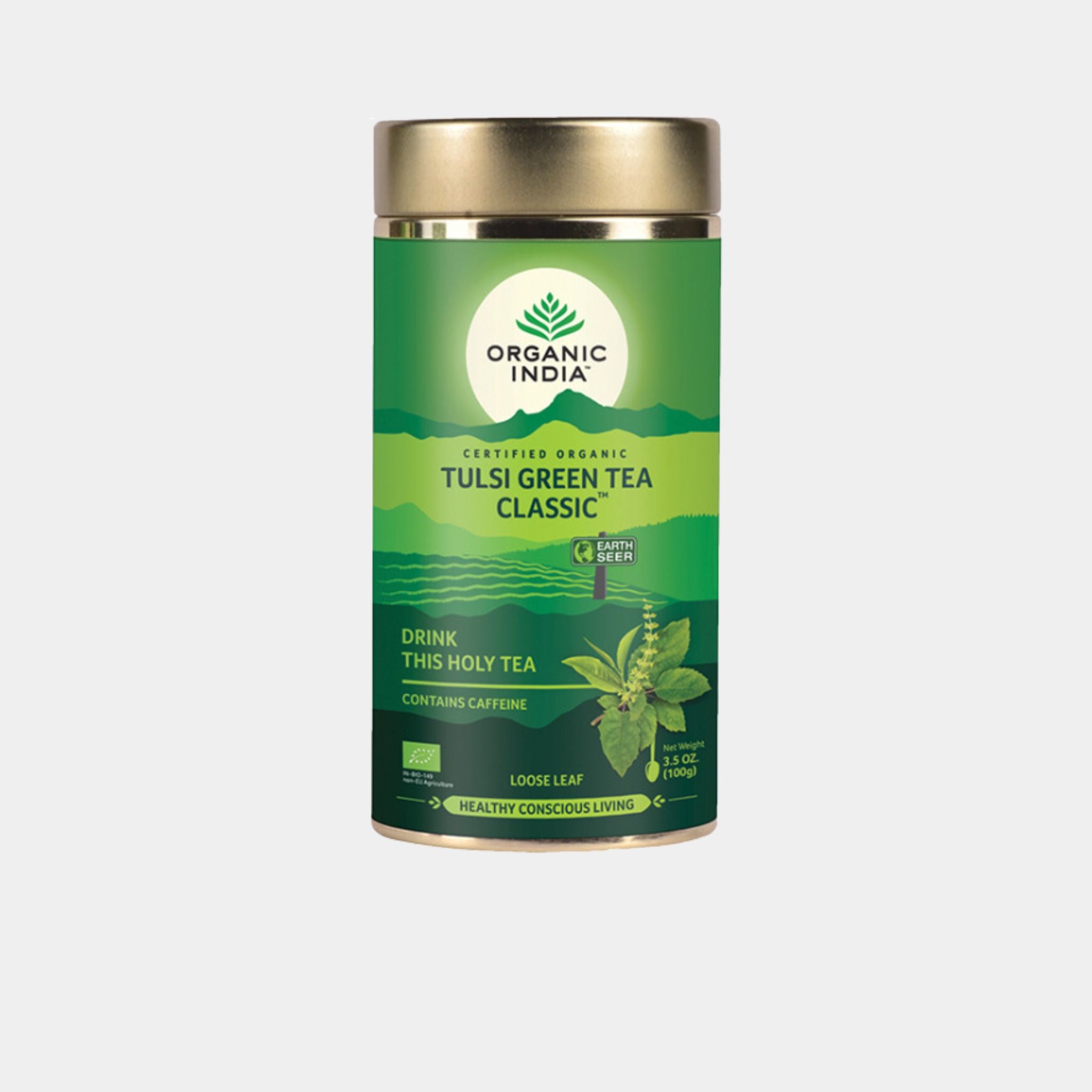 Organic India Tulsi Green Tea Classic loose leaf tea in metal tin certified organic green tea with tulsi blend front of pack product image.