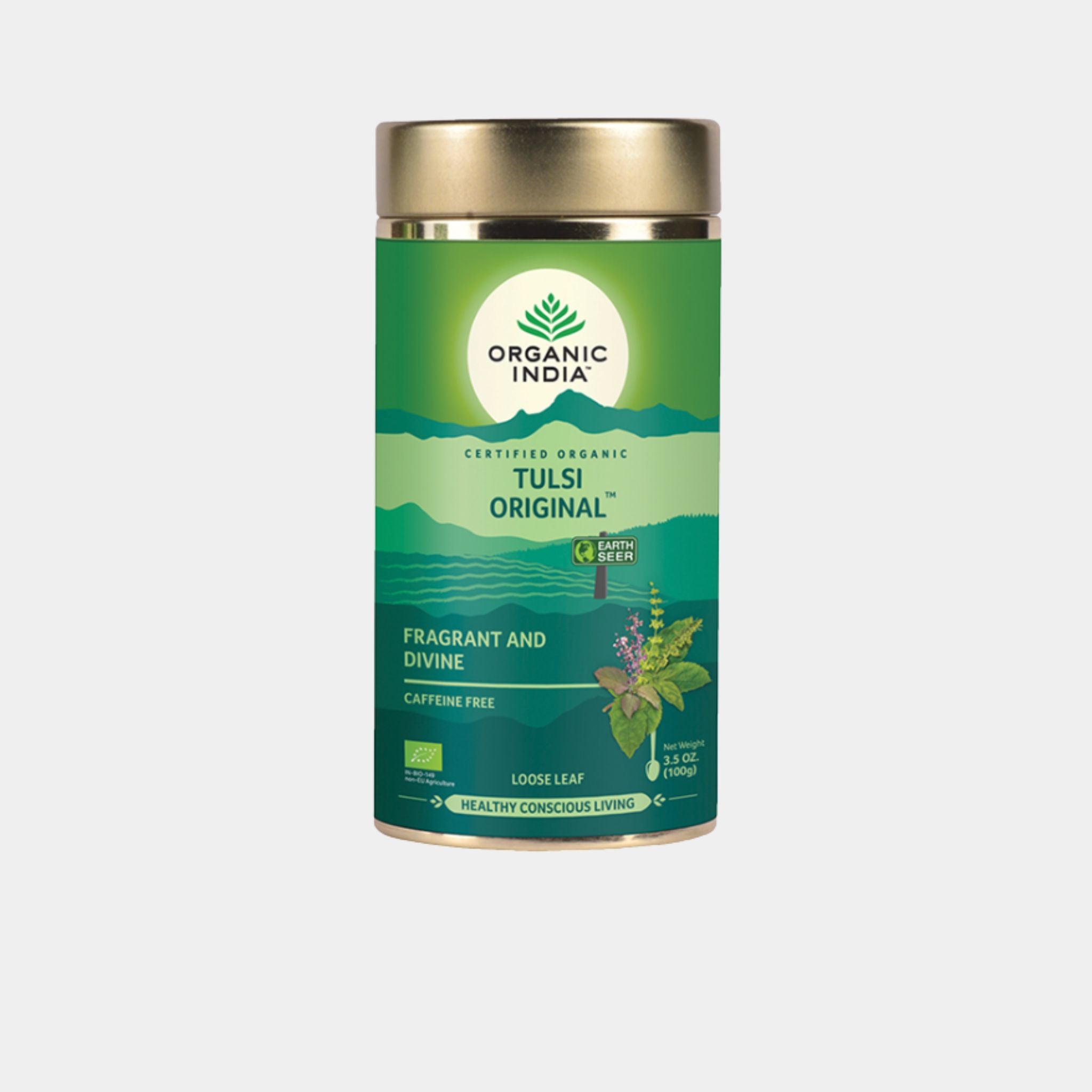 Organic India Tulsi Original certified organic loose leaf tea 100g tin caffeine free holy basil herbal tea.
